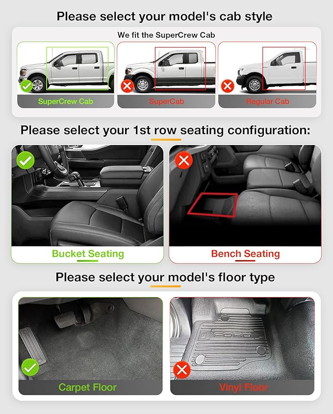 3W Floor Mats Fit for Ford F150/F-150 Lightning SuperCrew Cab 2015-2024 2025, TPE All Weather Custom Fit Car Accessories 1st Only Car Liners Black (Not Fit for Vinyl Floor)