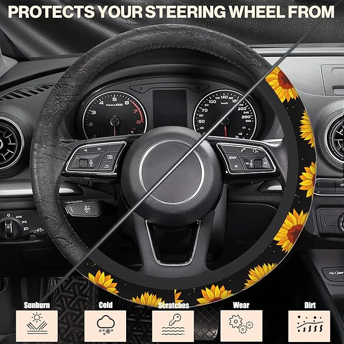 Yellow Sunflowers Steering Wheel Covers Universal 15 Inch Car Wheel Cover,Anti-Slip Breathable Car Accessories Protector Fit for Trucks,Sedans,SUVs,Vans