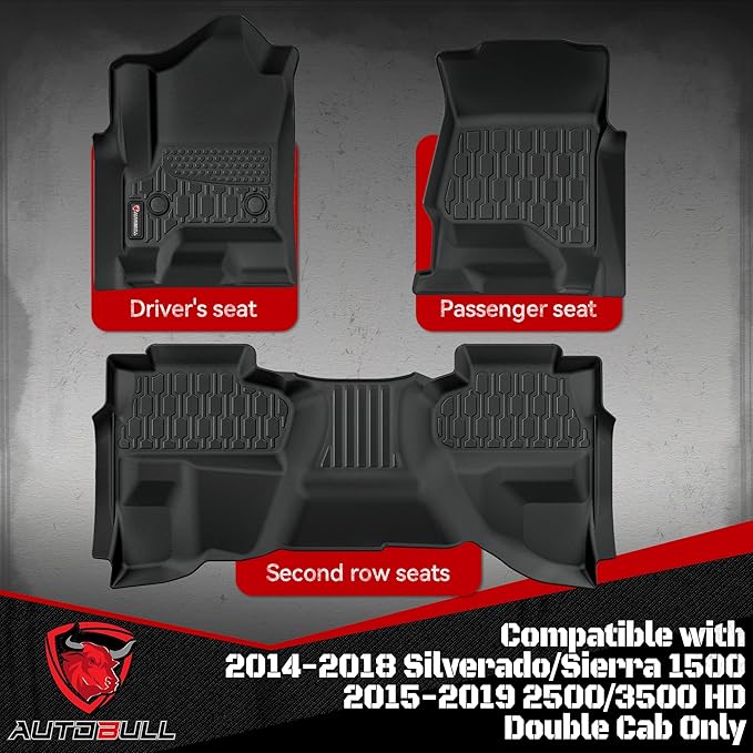 Floor Mats Compatible with Chevrolet Silverado & GMC Sierra 1500 Double Cab 2014-2018, All Weather TPE Floor Liners, Custom Fit Car mats, 1st & 2nd Row, Black