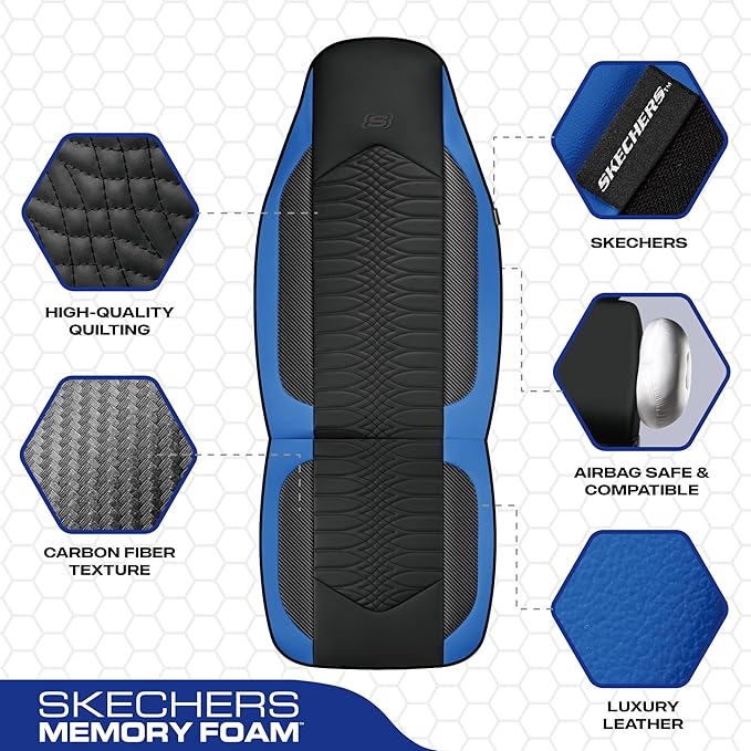 Skechers Memory Foam Car Seat Covers, Leather High Back Seat Covers Quilting Design,Waterproof Sports Car Seat Covers Full Sets,Airbag Compatible, Universal Fit for Most Cars, SUVs,Trucks,Blue