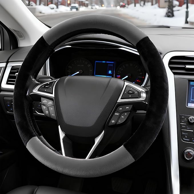 SEG Direct Car Steering Wheel Cover for Prius Civic Model 3 Model Y Camaro, Small Size 14-14.25 inch, Warm Plush, Summer Winter, Black and Gray