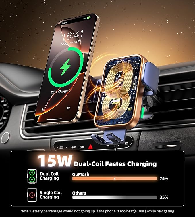 Dual Coil 15W Car Phone Holder Wireless Car Charger -Auto Clamping- Charging Phone Holders for Your Car Dash Vent Windshield, for Flip S25/S24/S23/S22, iPhone 17/16/15/14