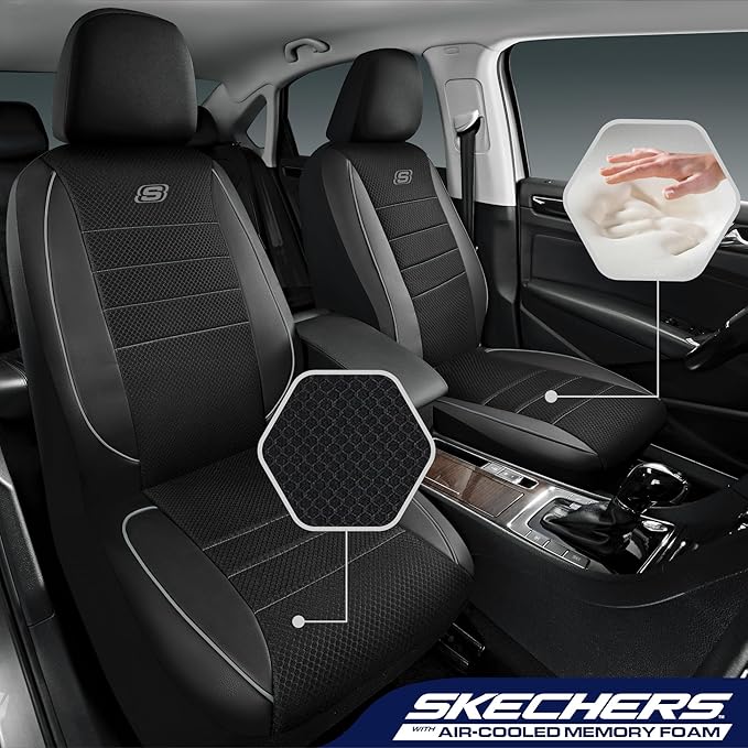 Skechers Air-Cooled Memory Foam Seat Covers,Mesh Thick Car Seat Covers,Piping Leather Car Seat Protector,Airbag Compatible,Automotive Comfort for Most Cars, Vans, Trucks, SUV(Gray,Full Set)