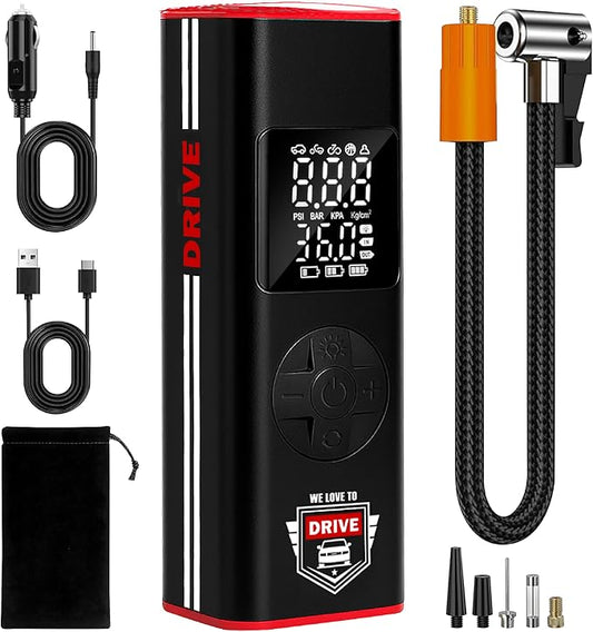 Tire Inflator Portable Air Compressor with LED Light – 12V DC Cordless Air Pump & Auto Shut-Off Function, 150 PSI Electric Air Pump for Car Tires with Digital Tire Pressure Gauge and Car Accessories
