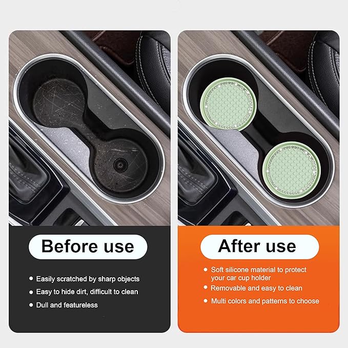 Amooca Car Cup Coaster 4 Pack Universal Non-Slip Cup Holders Insert Coasters Bling Crystal Rhinestone Car Interior Accessories Tea Green Dots
