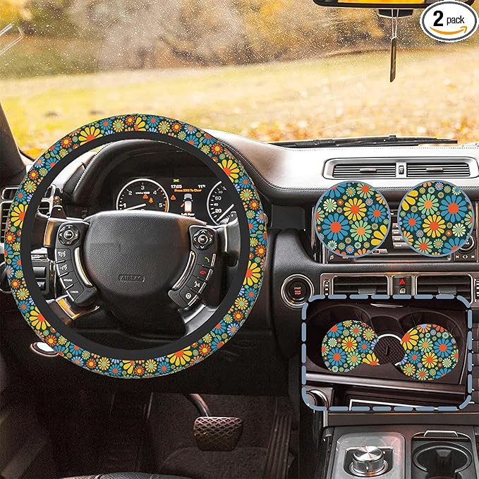 Vintage Groovy Boho Floral Car Steering Wheel Cover for Women Men with 2 Pcs Car Coasters,Universal 15 Inch Steering Wheel Covers Anti-Slip and Practical Auto Accessories Fit Auto,Suvs
