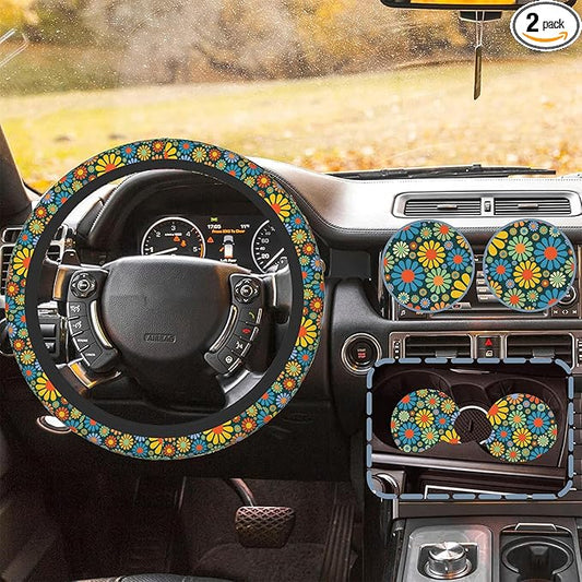 Vintage Groovy Boho Floral Car Steering Wheel Cover for Women Men with 2 Pcs Car Coasters,Universal 15 Inch Steering Wheel Covers Anti-Slip and Practical Auto Accessories Fit Auto,Suvs