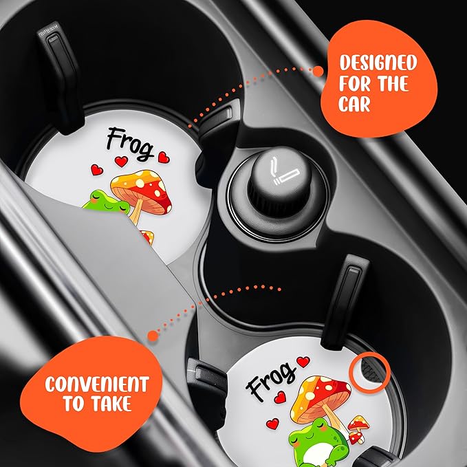 2 Pack Frog Car Cup Holder Coaster, Cute Car Interior Accessories Drink Coaster for Women & Men, Frog Lovers Themed Gifts Stuff Accessories Things Merchandise Items!