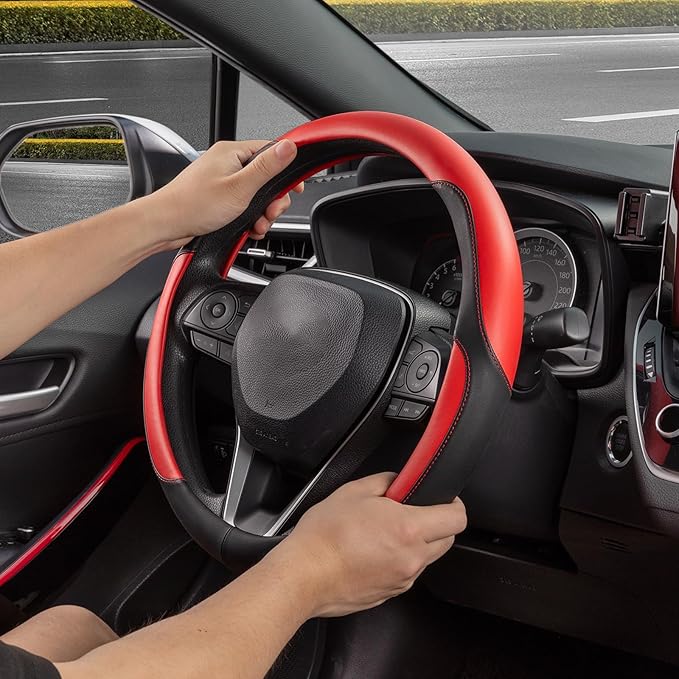 SEG Direct Car Steering Wheel Cover for Women Men, Standard Size 14.5-15 inch (37-39 cm), Auto Interior Accessories, Black and Red