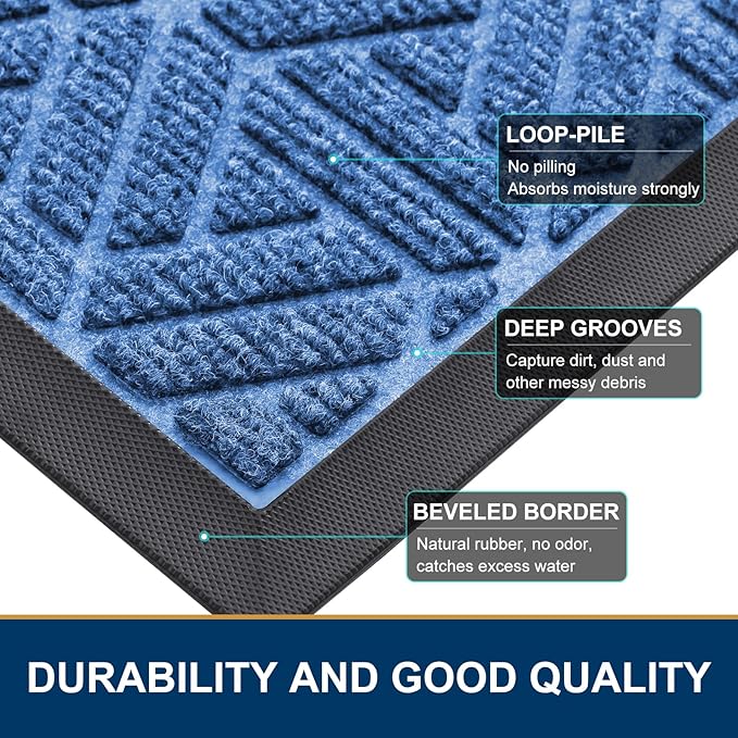 Smiry Front Door Mat Outside Entrance, Heavy Duty Sturdy Natural Rubber Doormat, Trap Dirt and Moisture, Easy Clean Low Profile Mats for Indoor Outdoor Entry, Grid Geometric (47x32, Blue)