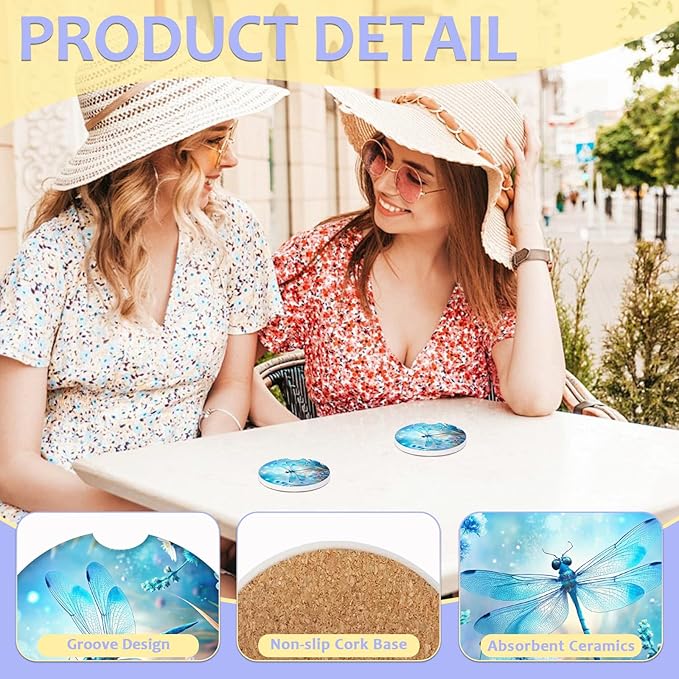 2 Pack Car Cup Holder Coaster-Blue Dragonfly Absorbent Ceramic Coaster,Car Coasters for Cup Holders,Auto Accessories for Women & Men
