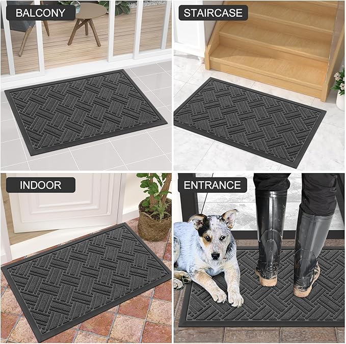 OLANLY Indoor Outdoor Mat, Sturdy Natural Rubber Floor Mat, Non Slip Low Profile Waterproof Doormat, and Stain Front Door Mats, Easy Clean Patio Entrance Mat, 36''x24'', Light Grey