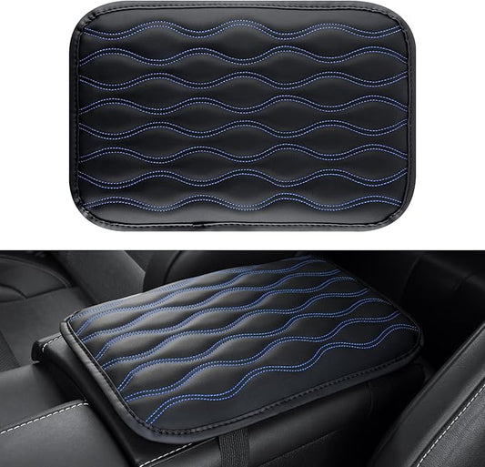 Amiss Auto Center Console Pad, Universal Waterproof Armrest Seat Box Cover, Car Interior Accessories, Leather Auto Armrest Cover Protector for Most Vehicle, SUV, Truck (Blue-Line)