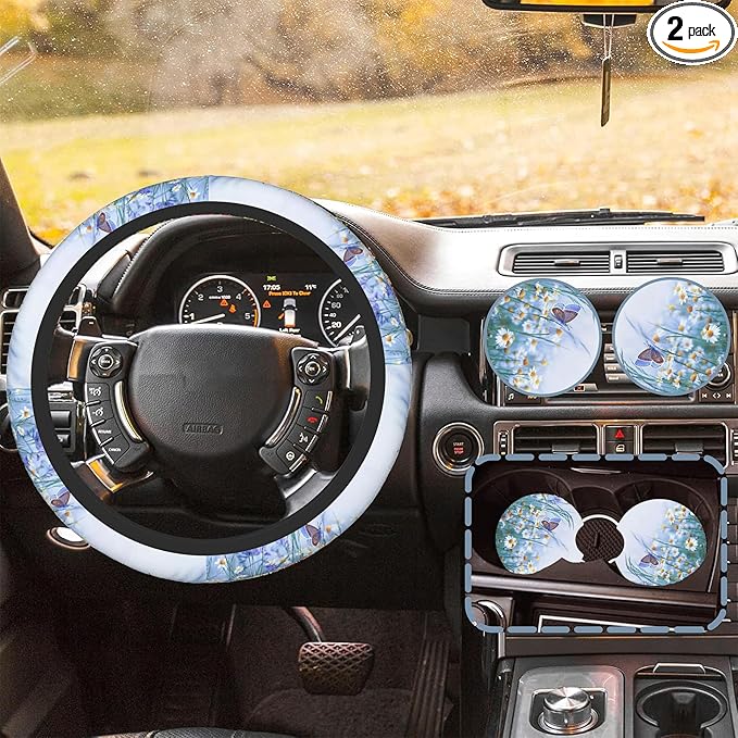 White Daisy Flowers and Butterfly Car Steering Wheel Cover for Women Men with 2 Pcs Car Coasters,Universal 15 Inch Steering Wheel Covers Anti-Slip and Practical Auto Accessories Fit Auto,Suvs