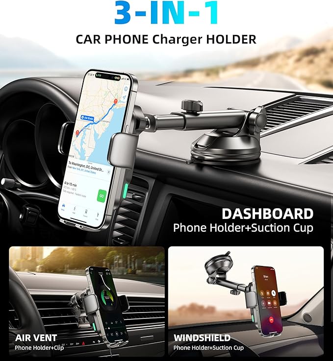 Dual Coil 15W Car Phone Holder Wireless Car Charger -Auto Clamping- Charging Phone Holders for Your Car Dash Vent Windshield, for Flip S25/S24/S23/S22, iPhone 17/16/15/14