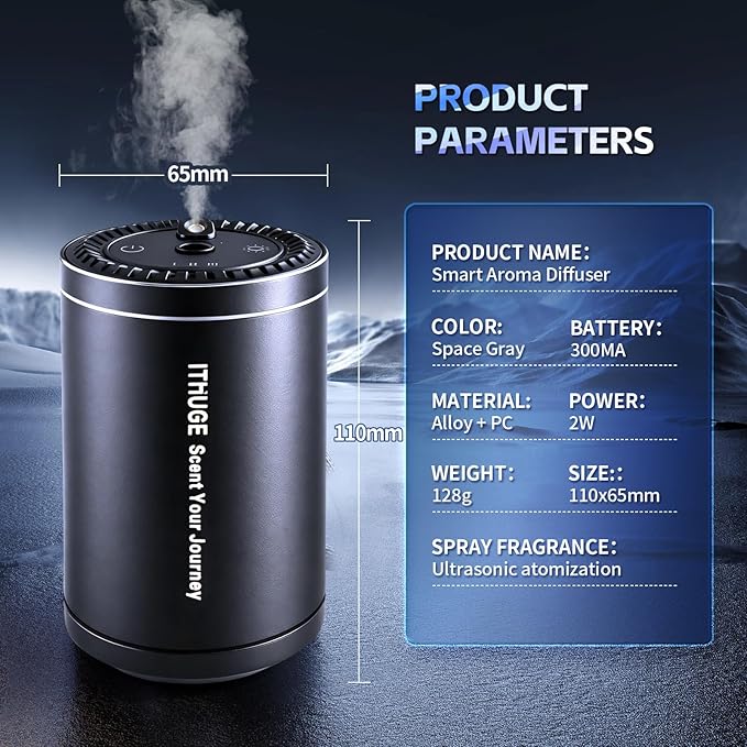 Waterless Smart Car Aroma Diffuser with Starry Sky Projection,7-Color Ambient Light, 3 Mode Adjustable Rechargeable Car Air Freshener with 80ml Empty Bottle,Auto On/Off Intelligent(Black, M308)