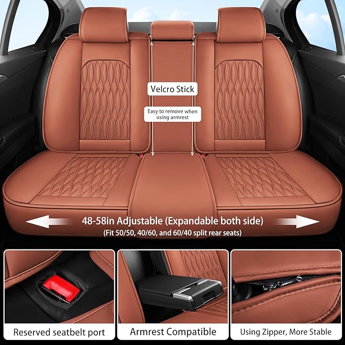 WELLDO Car Seat Covers Full Set, Premium Nappa Leather Seat Covers for Car, Waterproof Car Seat Protector with Lumbar Support, Automotive Seat Covers Universal Fit for Most Cars SUV Truck, Brown