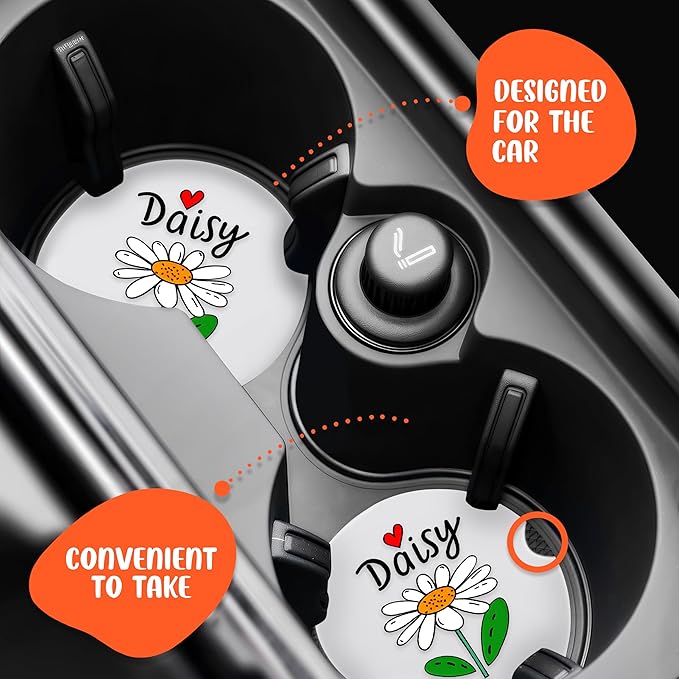 2 Pack Daisy Car Cup Holder Coaster, Cute Car Interior Accessories Drink Coaster for Women & Men, Daisy Lovers Themed Gifts Stuff Accessories Things Merchandise Items!