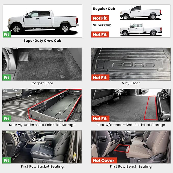 LASFIT Floor Mats for Ford F250 F350 F450 2017-2026 Crew Cab Front Bucket Seat | Rear W/Fold-Flat Storage Carpet Floor Super Duty All Weather Protector TPE Car Floor Liner, 1st & 2nd Row, 3pcs Black