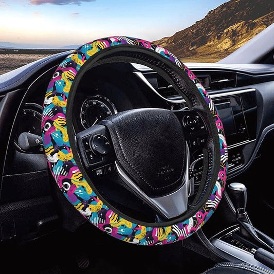 80s 90s Abstract Vintage Steering Wheel Covers Anti-Slip Elasticity Car Accessories Steering Wheel Protector Universal 15 Inch for Cars SUV Vehicle Truck