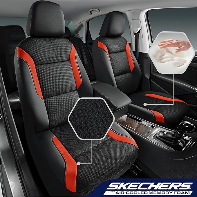 Skechers Memory Foam Leather Car Seat Covers, Air Cool Mesh Thick Seat Covers, Car Seat Covers Front Seats, Airbag Compatible, Automotive Comfort for Most Cars, Vans, Trucks, SUV,Orange