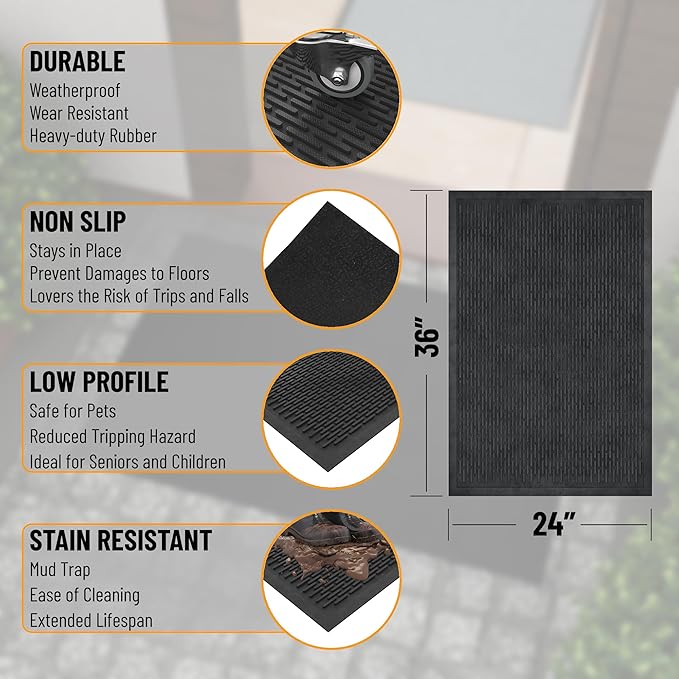 Ottomanson Heavy Duty Rubber Floor Mat – Non-Slip, Waterproof, Easy to Clean – Utility Rug for Entryway, Kitchen, Garage, or Patio – Stain Resistant, Hose Washable – 24" x 36", Black