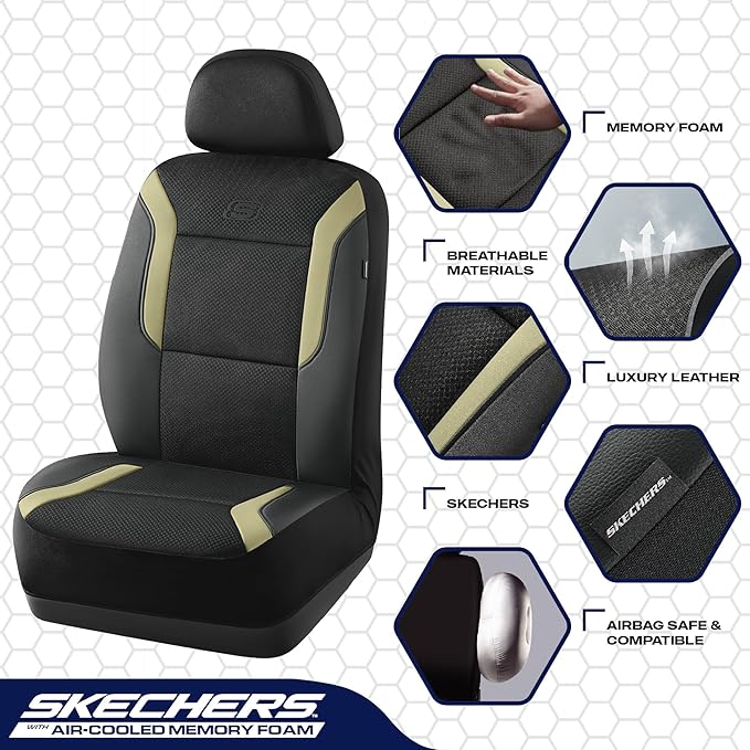 Skechers Memory Foam Car Seat Covers, Air Cool Mesh Thick Seat Covers, Car Seat Full Sets Airbag Compatible, Automotive Comfort Protection for Most Cars,Vans,Trucks, SUVs,Beige