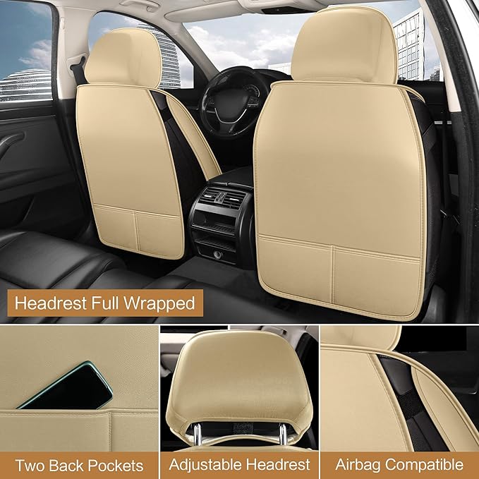 Pariitadin Leather Car Seat Covers Front Pair, Waterproof Breathable Faux Leather Automotive Seat Covers for Cars, Non-Slip Car Interior Covers Universal Fit Most Cars Sedans Trucks SUVs, Beige