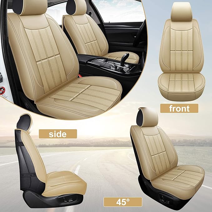 AOOG Leather Car Seat Covers for Cars SUV Pick-up Truck, Universal Full Set, Beige