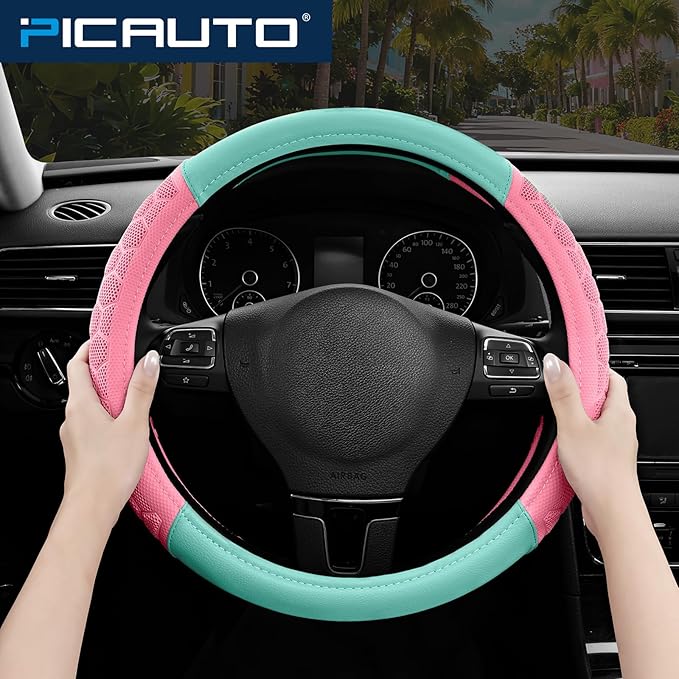 PIC AUTO Massage Steering Wheel Cover, Pink Football Pattern Material Spliced & Light Green Leather Car Steering Wheel Cover, Car Steering Cover, Universal Fit 14.5"-15.5" for Cars, Trucks, Van, SUVs