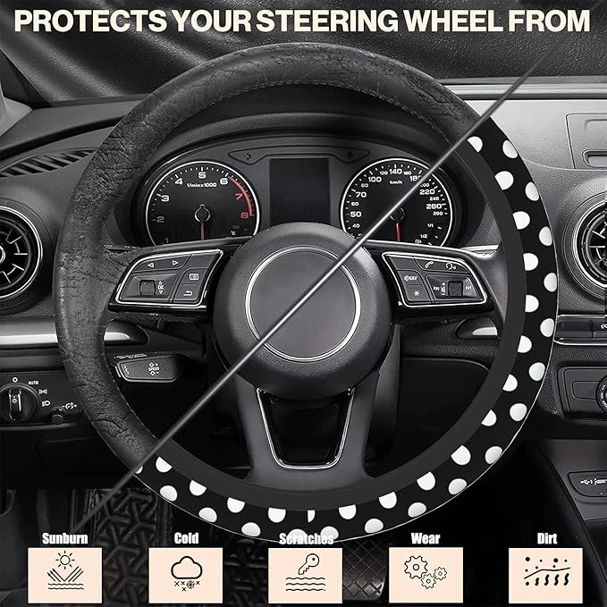 White Polka Dots Steering Wheel Covers Universal 15 Inch Car Wheel Cover,Anti-Slip Breathable Car Accessories Protector Fit for Trucks,Sedans,SUVs,Vans