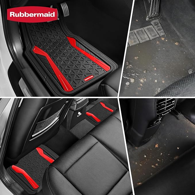 Rubbermaid Car Floor Mats Full Set,Premium Heavy Duty All-Weather Car Mats– Rugged Rubber with Brushed Aluminum Inserts, Universal Trim-to-Fit, Anti-Slip Backing for Cars, SUVs, Trucks & Vans - Red
