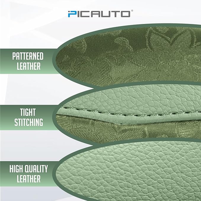 PIC AUTO Steering Wheel Cover, Green Patterned Leather Patchwork Design, Universal Fit 14.5"–15.5", Anti-Slip, Odor-Free, Soft PU Grain Leather, Durable Grip Car Accessory for Girls & Women