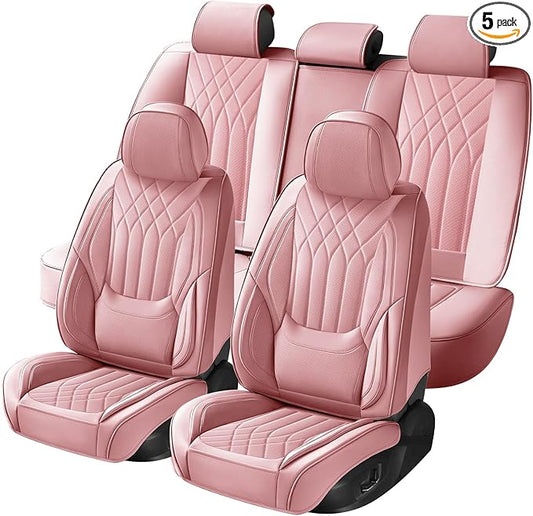 Pink Car Seat Covers Full Set, Full Coverage Luxury Leather Car Seat Protector Universal Fit for Most Cars SUVs Pick-up Trucks, Pink Seat Covers Car Interior Accessories for Women