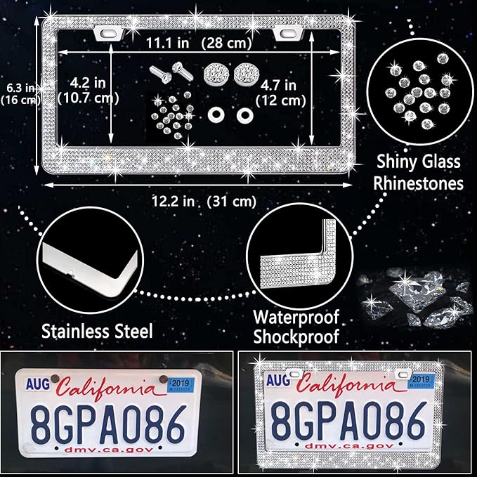 NBTEPEM 27 PCs Bling Car Accessories Set for Women, Steering Wheel Covers Universal Fit 15 Inch, Bling License Plate Frame, Bling Phone Holder, Bling Car Coasters (Silver Diamond)