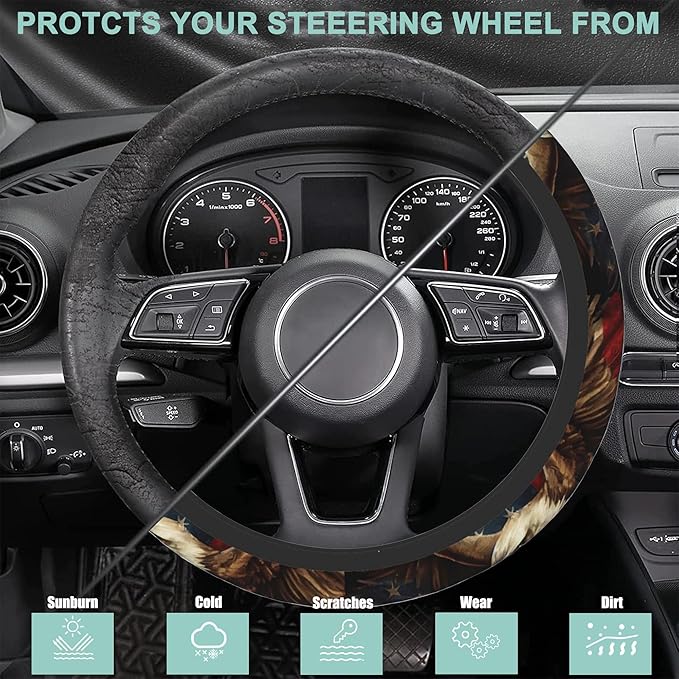American Flag and Bald Eagle Steering Wheel Cover for Women Men,Anti-Slip Breathable Car Steering Wheel Cover Elastic Protection with 2 Pieces Car Coasters,Universal 15" Fit Auto,Suvs,Truck