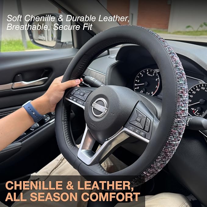 PINCTROT D Shaped Chenille Leather Steering Wheel Cover, Soft Mottled Colors, Sweat-Proof, Non-Slip Grip, All-Season Comfort, Flat Bottom 14.5-15 Inch(Mottled Purple)