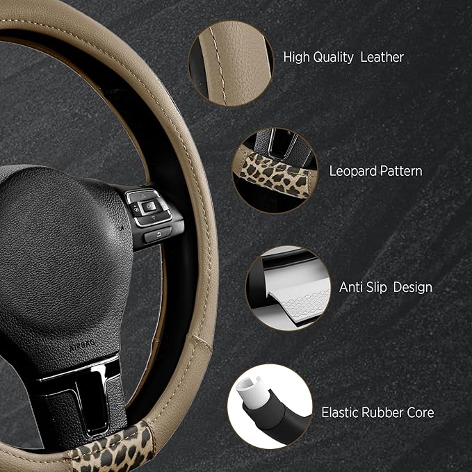 Road Comforts D-Type Steering Wheel Cover - Made with PVC Leather and Leopard Fabric - Universal Fit for 15-Inch D-Shaped Automotive Steering Wheels (Beige Color)