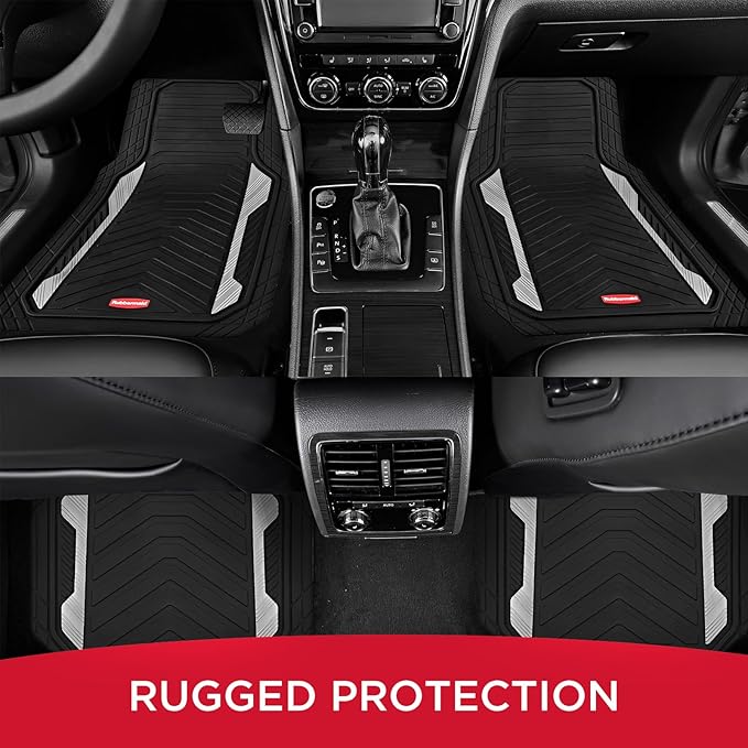 Rubbermaid Car Floor Mat, Heavy Duty All-Weather Car Mats Full Set with Dual-Tone Sliver Aluminum Inserts – Universal Fit, Anti-Slip Backing, Trim-to-Fit for Most SUV, Sedan, Van