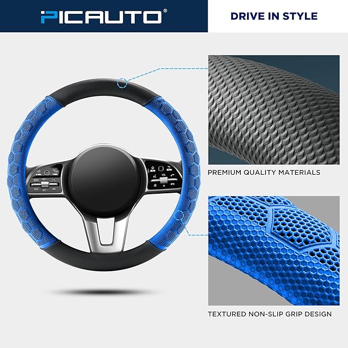 PIC AUTO Massage Steering Wheel Cover, Blue Football Pattern Material Spliced Leather Car Steering Wheel Protector, Car Interior Accessories, Universal Fit 14.5"-15.5" for Cars, Trucks, Van, SUV