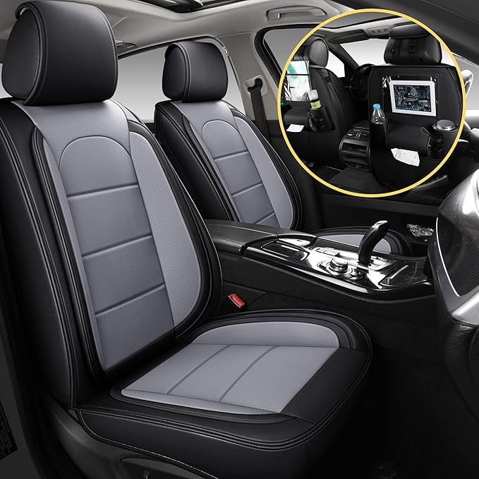 AOOG Leather Car Seat Covers with Car Backseat Organizer, Universal fit Automotive Vehicle Most Sedan SUV Pick-up Truck (Full Set, Black&Grey)