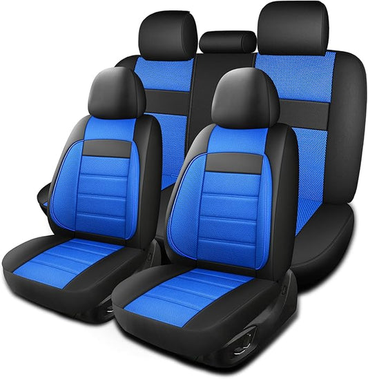 Leather 3D Foam Back Support Car Seat Covers Full Set Air Mesh Automotive Seat Covers, All Season Car Seat Cover Fit Automotive,SUV,Sedan,Van, Airbag Compatible Elegance (Black Blue)