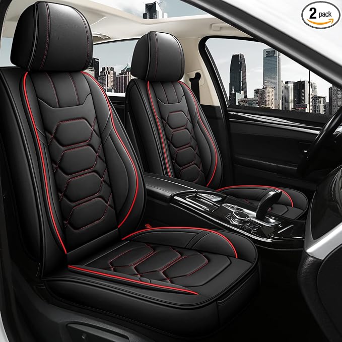 Pariitadin Leather Car Seat Covers Front Pair, Waterproof Faux Leather Seat Covers for Cars, Non-Slip Car Interior Covers Universal Fit for Most Cars Sedans Trucks SUVs, Black/Red