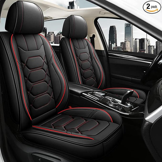Pariitadin Leather Car Seat Covers Front Pair, Waterproof Faux Leather Seat Covers for Cars, Non-Slip Car Interior Covers Universal Fit for Most Cars Sedans Trucks SUVs, Black/Red