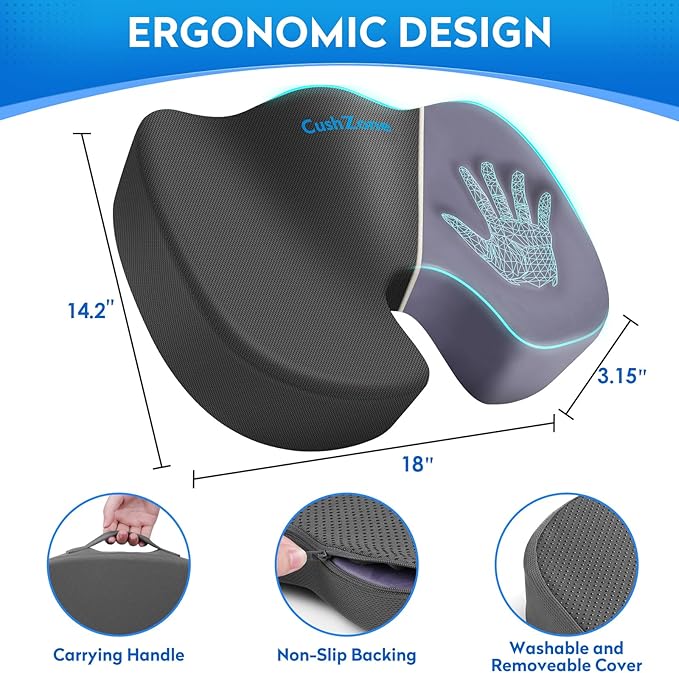 Seat Cushion, Office Chair Cushions, Car Seat Cushion, Non-Slip Sciatica & Back Coccyx Tailbone Pain Relief Chair Pad, Memory Foam Butt Pillow for Computer Desk, Wheelchair, Driving (Grey)