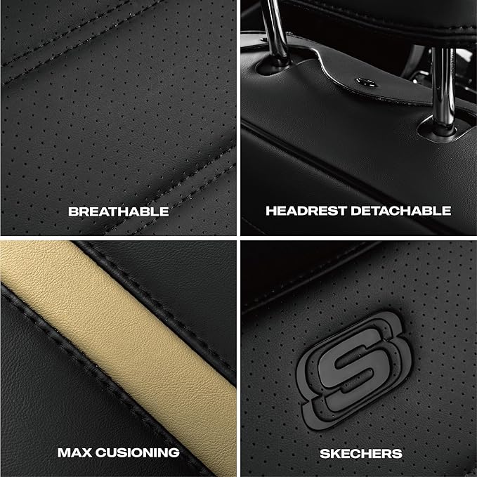 Skechers MAX Cushioning Seat Covers,Memory Foam Leather Car Seat Covers,Waterproof Car Seat Protector Front Seats,Car Seat Cushion Airbag Automotive Universal Fit for Most Cars,Vans,Trucks,SUV,Beige