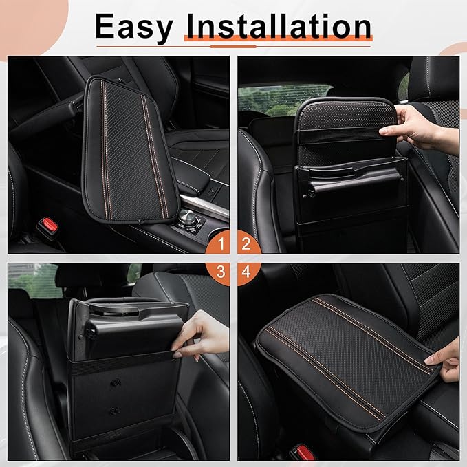 Amiss Car Center Console Pad, Universal Waterproof Car Armrest Seat Box Cover, PU Leather Auto Armrest Cover Protector，Vehicle Interior Accessories fits SUV/Truck/Car (Black-Orange)