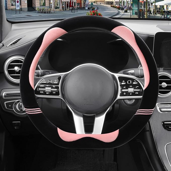 14 inch Furry Cute D Shaped Steering Wheel Cover, Soft Fluffy Short Plush Auto Accessories, Non-Slip Cold-Proof Sweat-Proof Colorfast(Black with Pink)