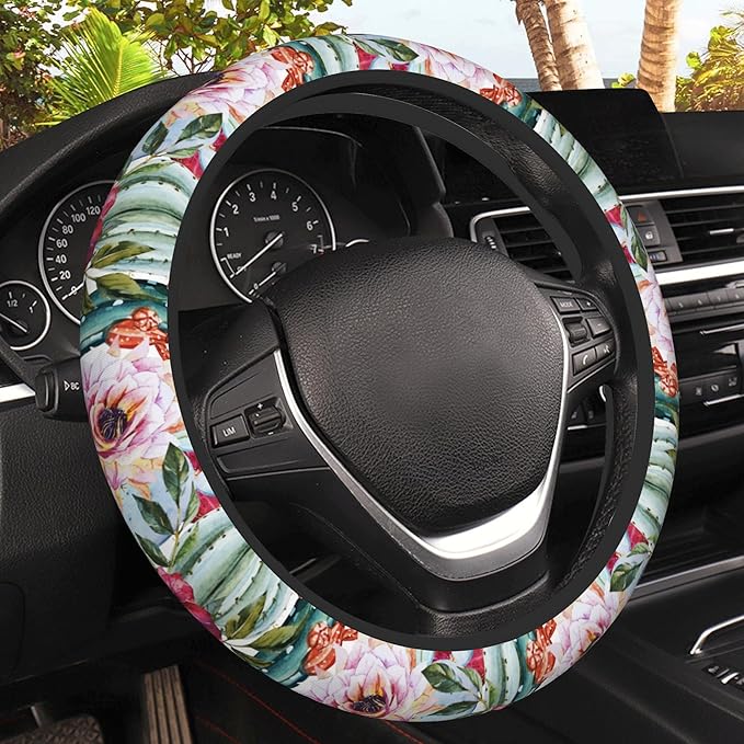 Watercolor Cactus Car Steering Wheel Cover, Flowers Roses Non-Slip Absorbing Sweat Car Wheel Cover Accessories for Men Women,Universal 15" Fit Auto SUV Vans Trucks