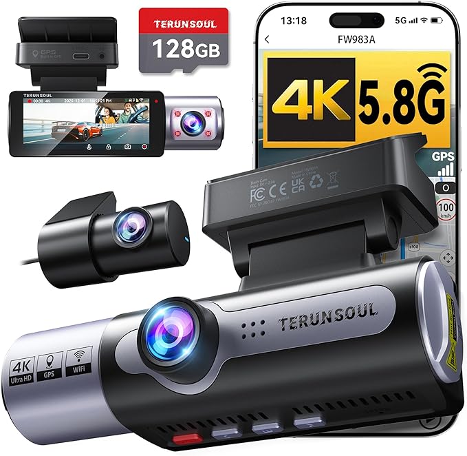 4K Dash Cam Front and Rear, Full HD 3 Channel Dashcam, Free 128GB Memory Card, Built-in 5.8GHz WiFi Built-in GPS, Collision Sensor, Night Vision, HDR, 3.16" IPS, 24H Parking Mode（Black）